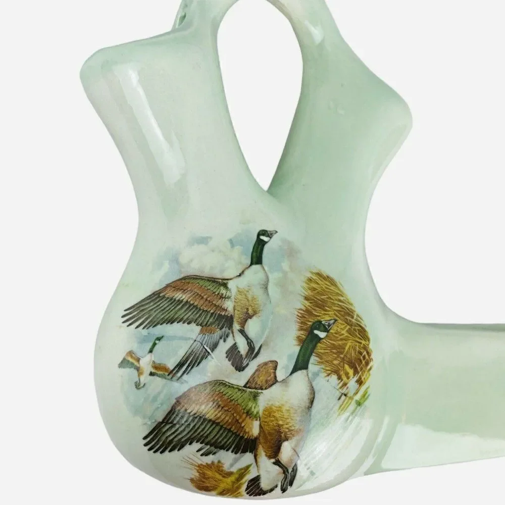 RARE VTG Green Double Opening Spout Bud Vase Planter Geese Mallard Duck Signed